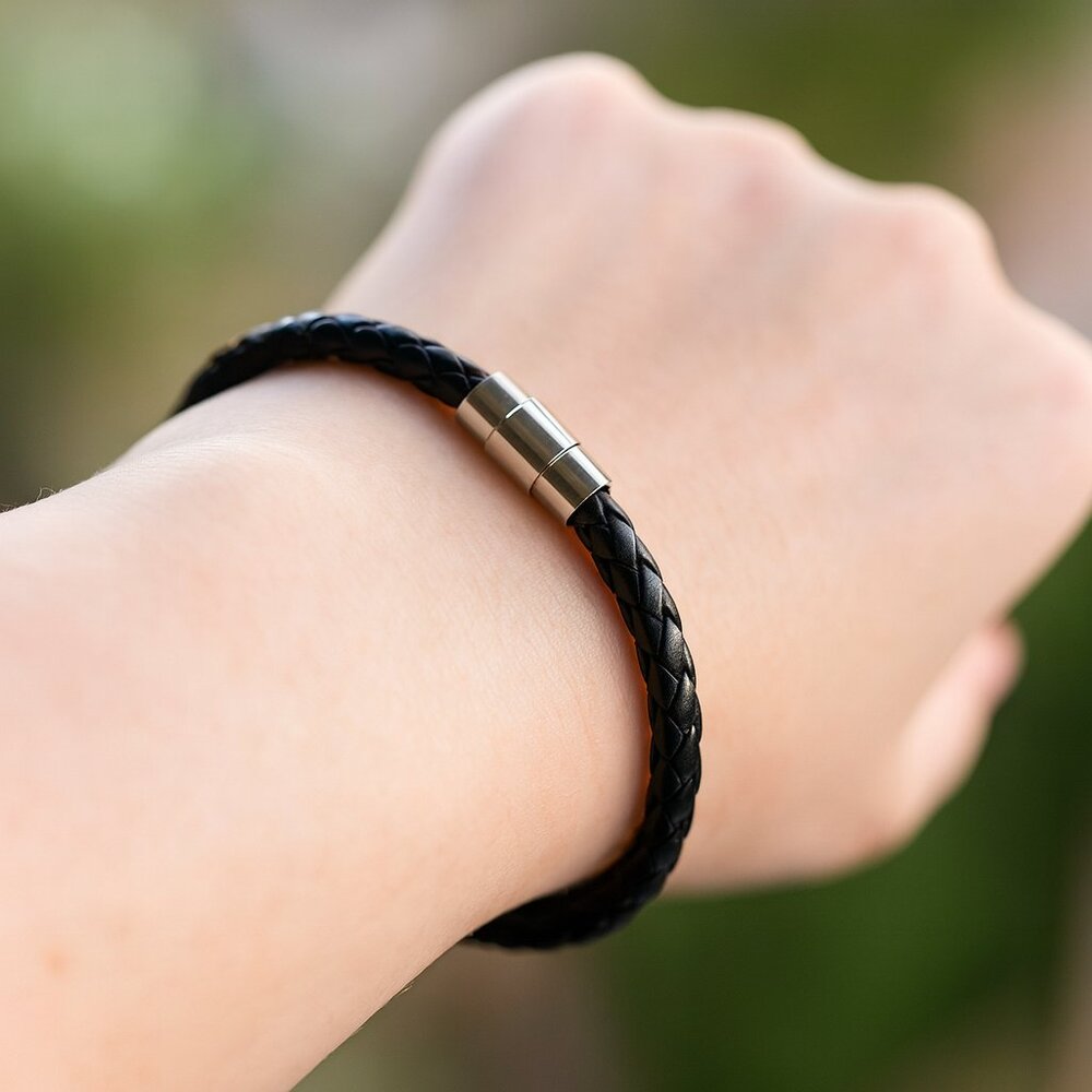 Black Braided Leather Bracelet – 8" | Stainless Steel Magnetic Clasp